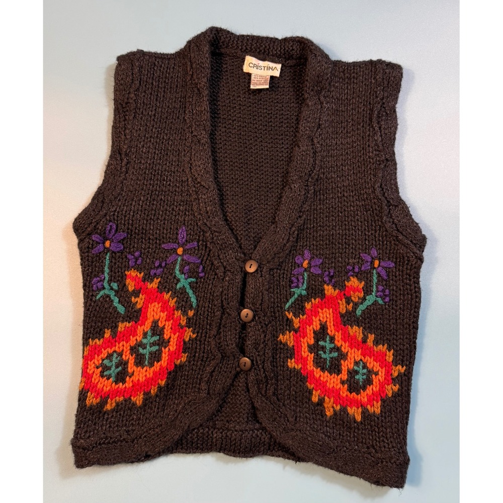 Cristina Vintage Black Knit Sweater Vest Floral Paisley Embroidery Ramie Blend M